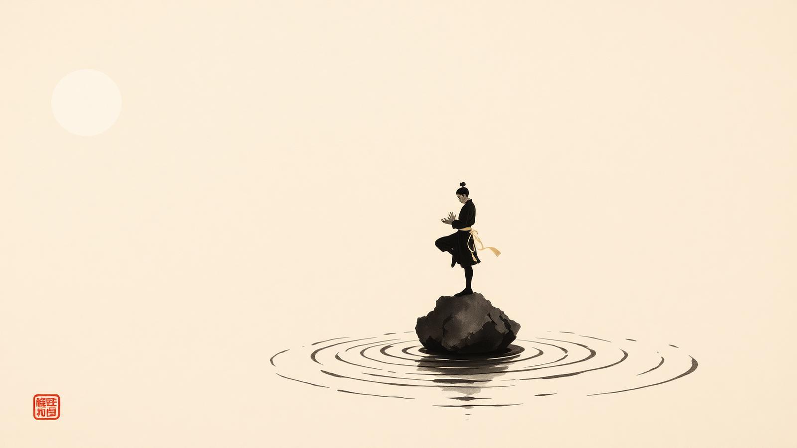 Sumi-e painting of a figure balancing on a rock above still water