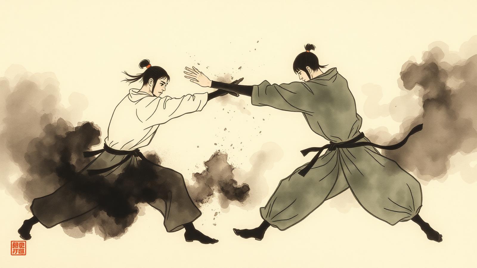 Ink painting of two martial artists in contact, force dispersing into mist