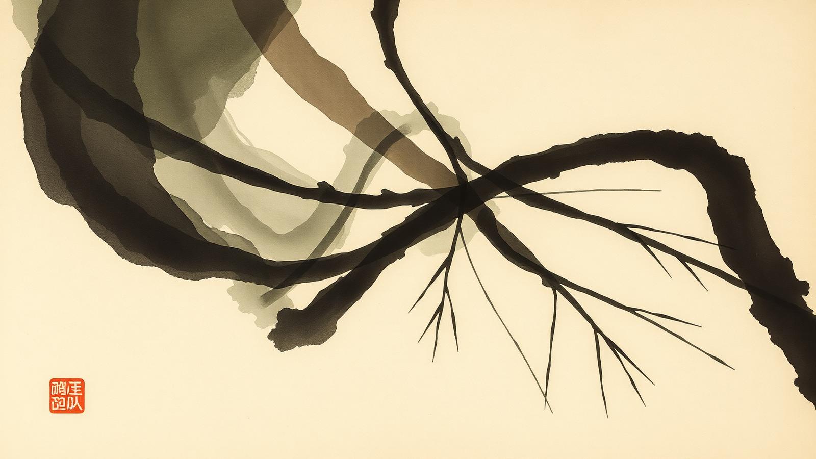 Ink-wash study of tendon and sinew drawn as taut brush lines