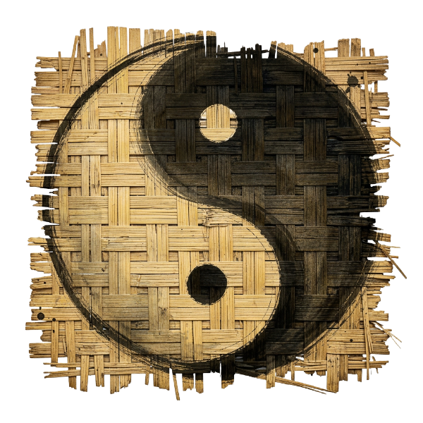 Yin/yang symbol inked on aged woven bamboo cloth